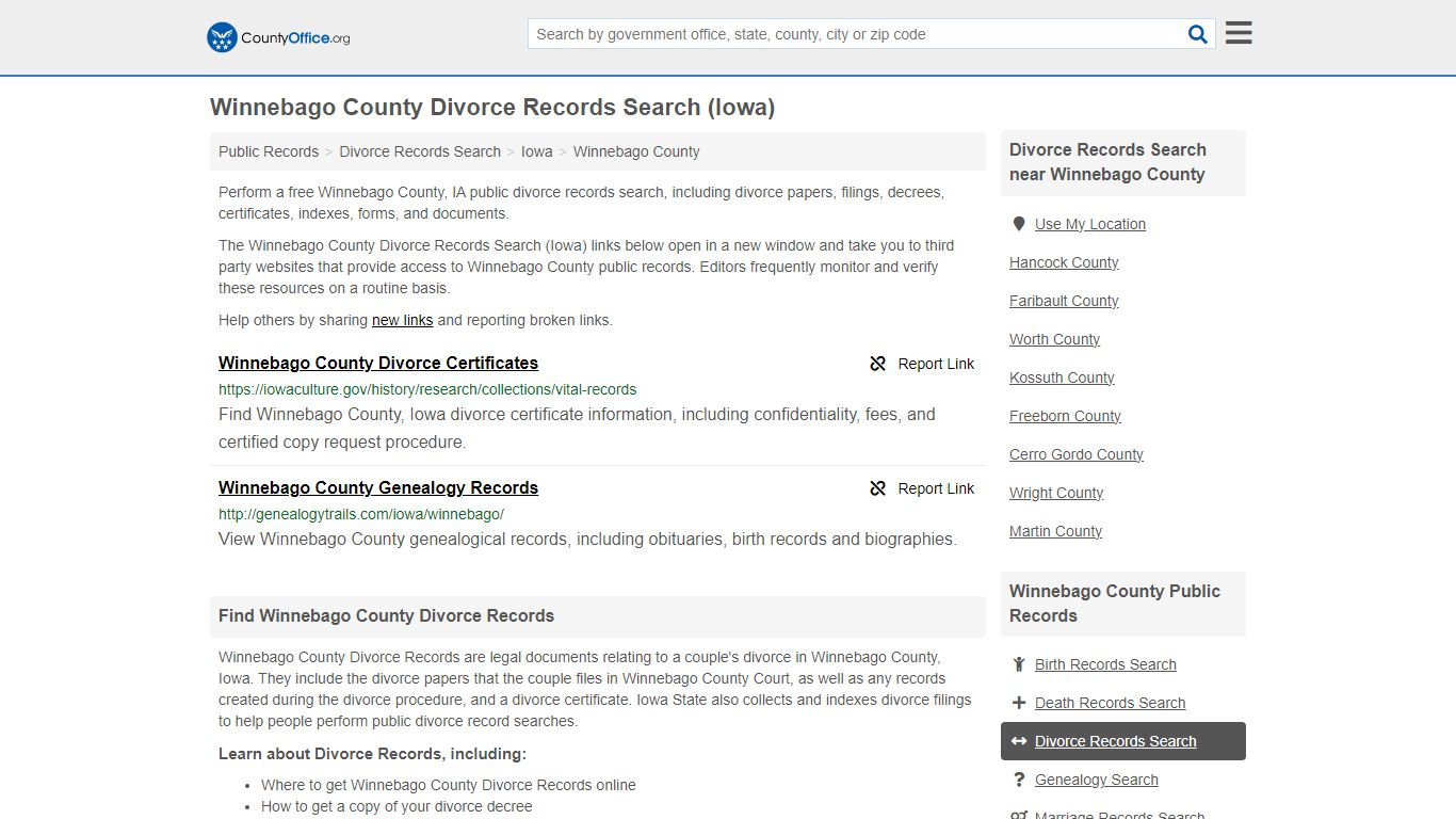 Winnebago County Divorce Records Search (Iowa) - County Office