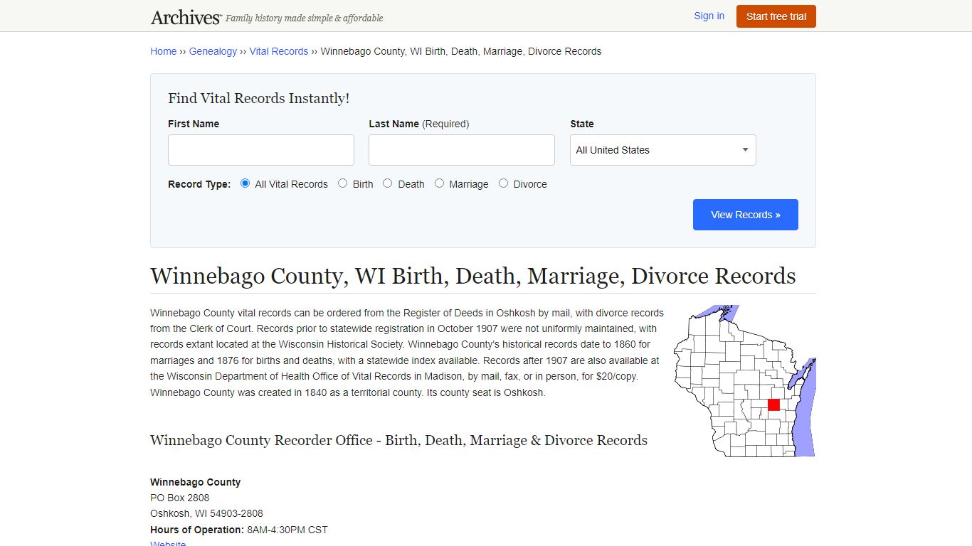 Winnebago County, WI Birth, Death, Marriage, Divorce Records - Archives.com