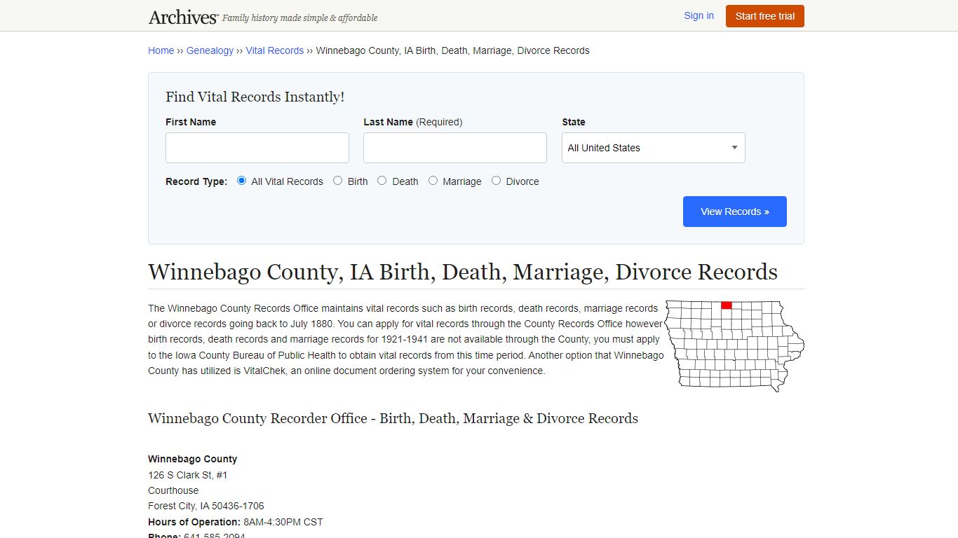 Winnebago County, IA Birth, Death, Marriage, Divorce Records